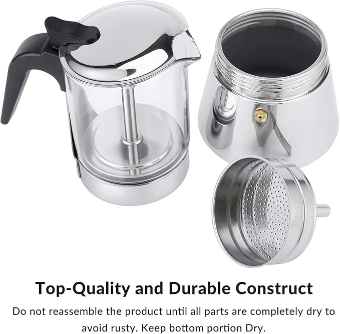 Geesta Premium Crystal Glass-Top Stovetop Espresso Moka Pot - 4/6/ 9 Cups Stainless Steel Coffee Maker- 360ml/12.7oz/9 cup (espresso cup=40ml)