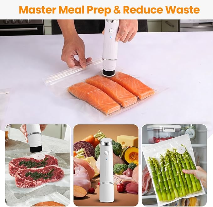 Compact Vacuum Sealer for Food (Portable Vacuum Sealer Machine+5 Reusable Bags) Compact Handheld Food Saver for Meat, Camping & RV Travel,Seal Food 6X Fresh Longer, Portable & Wireless, Easy-Clean