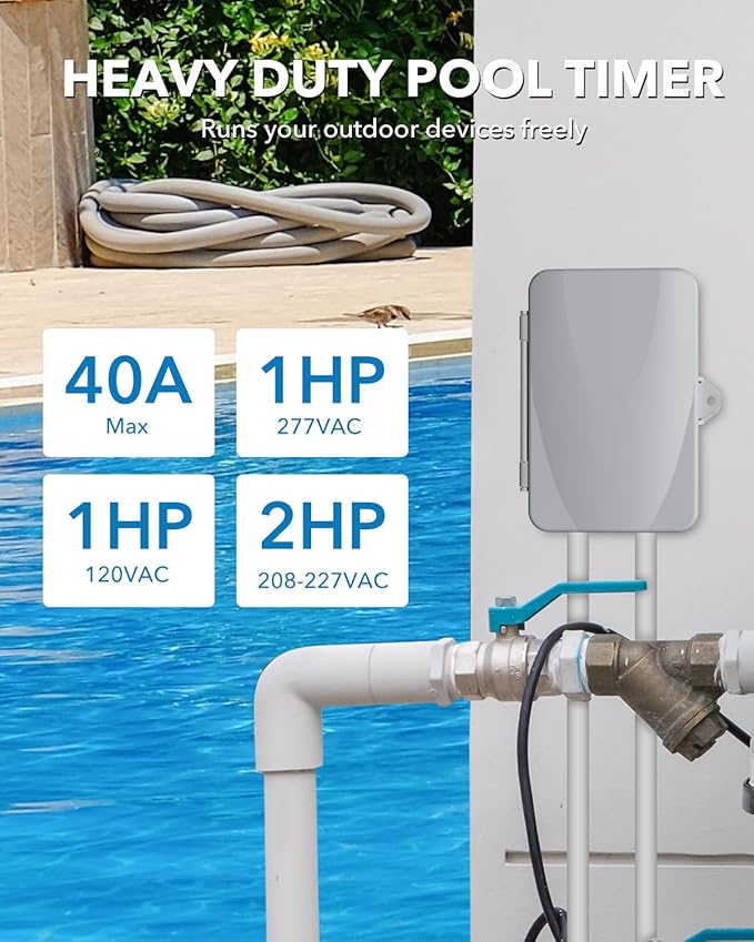 BN-LINK Pool Pump Timer, Outdoor Timer Box, Heavy Duty, 2HP 40A Max, 120, 240, 277 VAC, for Pool Pump, Water Heater, Fans, SPA, ETL Listed (Digital)