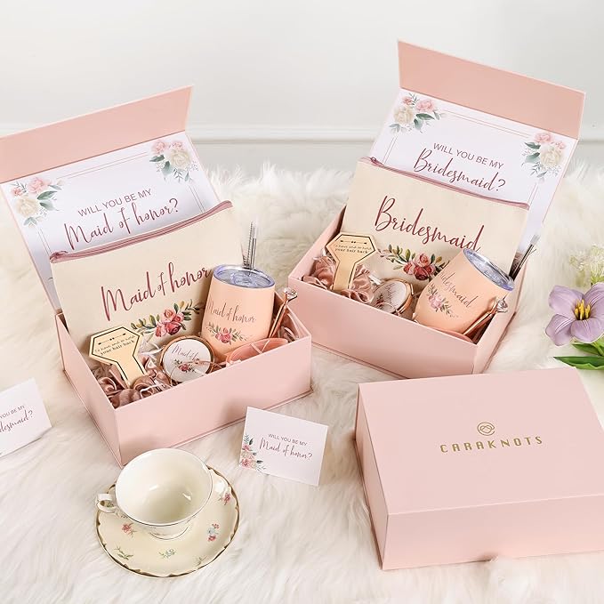 CARAKNOTS Matron of Honor Proposal Gift Box Set, Will You Be My Matron of Honor Gift, Pink Ready to Gift Bridesmaid Box with 12 oz Stainless Steel Tumbler, Bridal Party Bachelorette Wedding Favor