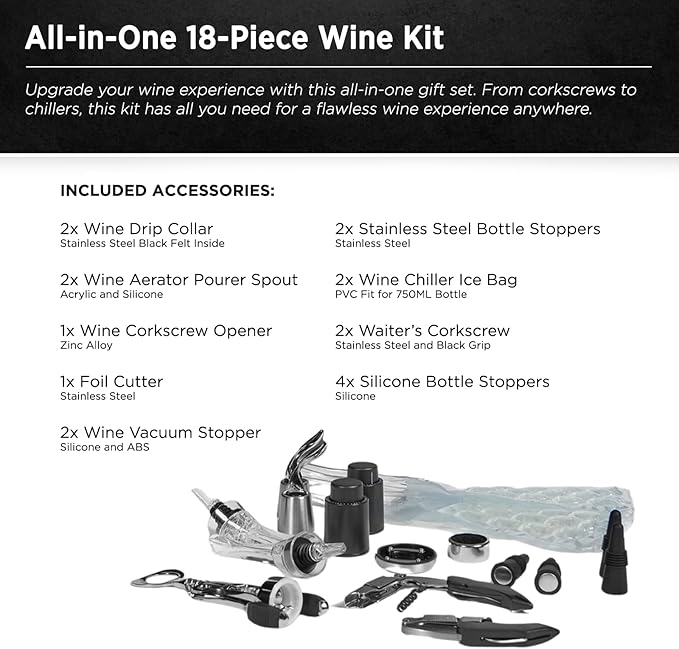FlyWithWine® by VinGardeValise Wine Accessory Kit – 18 Piece Wine Gift Set with Corkscrew Opener, Aerator Pourers, Vacuum Stoppers, Wine Chiller Bags & Sommelier Tools for Home, Bar & Travel
