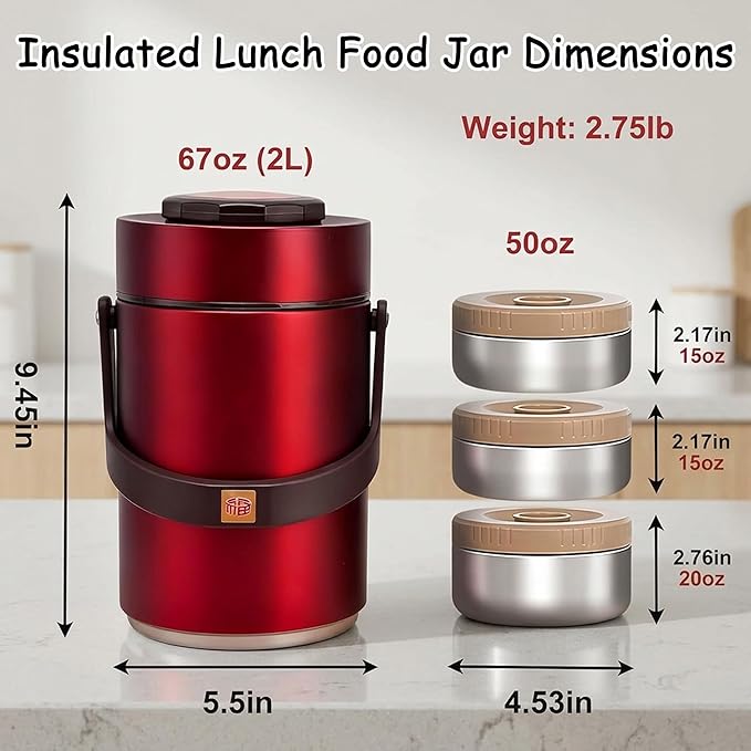67oz Adults Stainless Steel Vacuum Insulated Thermal Lunch Box, 3 Tier Stackable Sealed Leak-Proof Wide Mouth Portable Bento Food Container, Hot Food Thermo Jar for Soup Office & Outdoor (Red)