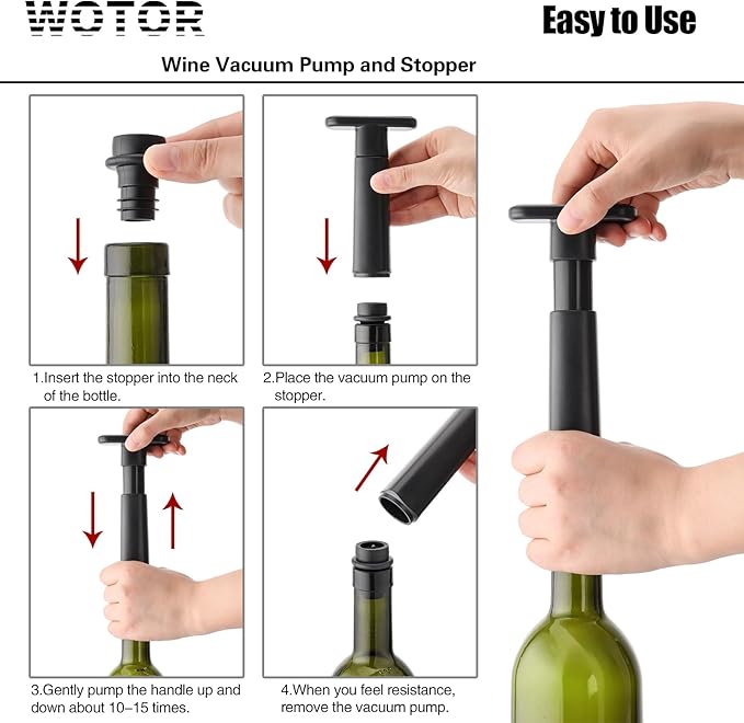 WOTOR Wine Saver Vacuum Pump with 4 Stoppers, Reusable Bottle Sealer Keeps Wine Fresh