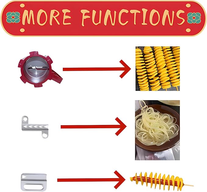 Commercial Manual Tornado Spiral Potato Cutter, 3 in 1 Tornado Potato Slicer Vegetable Cutter Spiral French Fries with Stainless Steel Blade Carrot Cucumber DIY Barbecue