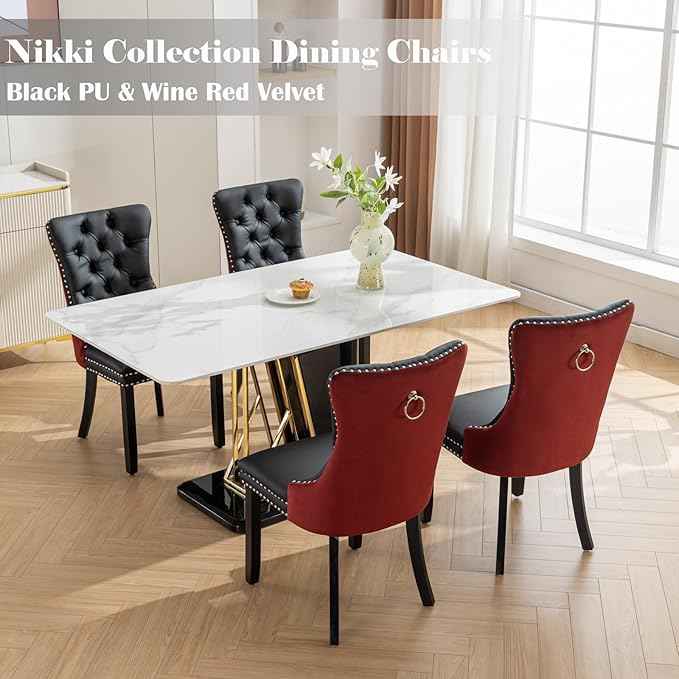 Dining Chairs Set of 2, Upholstered Dining Room Chairs with Back Ring Pull Trim and Solid Wood Legs, Modern Tufted Kitchen Chairs Perfect for Dining Room, Black Pu Leather Splicing WineRed Velvet