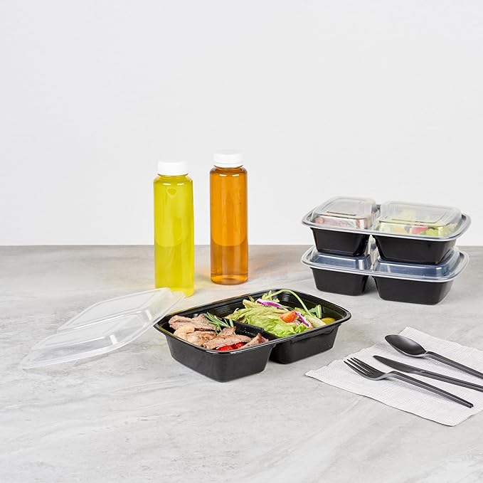 Asporto 32 Ounce Compartment Take Out Boxes, 50 Microwavable Meal Prep Containers - 2 Compartments, With Clear Plastic Lids, Black Plastic Food Containers, Do Not Contain BPA - Restaurantware