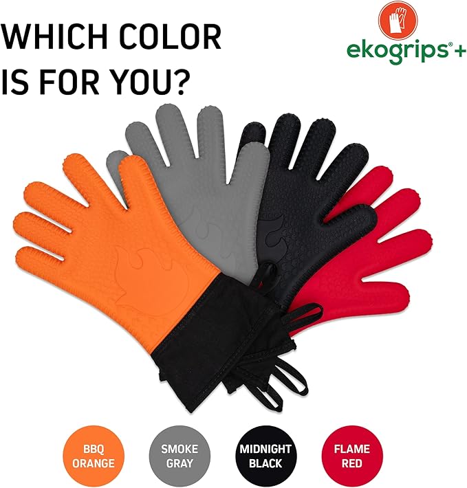 Ekogrips+ Premium Silicone Oven Mitts - Comfy, Waterproof, Heat Resistant BBQ Gloves for Grilling, Long Cuff for Added Protection, 5 Finger Dexterity, 3 Sizes, 4 Colors, L/XL, Black