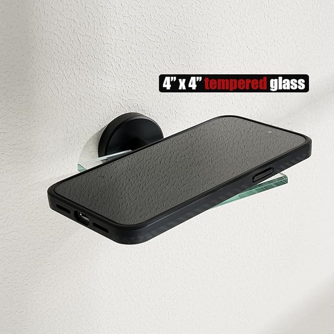 JQK Small Floating Glass Shelves Black, 4 Inch Display Ledges for Wall, Mini Decor, Living Room Bedroom Bathroom, Tempered Glass Shower Storage, 2 Pack, TGS101L4-PB-P2