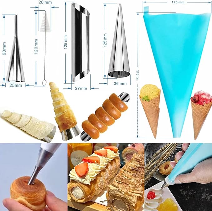 10 Pack Croissant Baking Forms 5 Inch + 10 Pack 5 Inch Cannoli Tube Moulds Kit, with Blue Pastry Bags Reusable, Cleaning Brush and Quality long Cream Icing Piping Tip for DIY Croissant Rolls