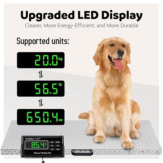 Charmline 1100lbs x 0.2lbs High Accuracy Digital Postal Scale with 41x21 in Large Stainless Steel Platform, Heavy Duty Scale for Dog, Pig, Goat Sheep, Battery & AC Adapter Powered, Slip-Resistant