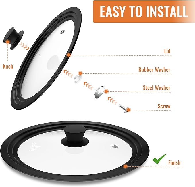 Universal Lids for Pots, Pans and Skillets, 7", 8" and 9" Pan Lid, Tempered Glass Pot Lid with Silicone Rim Heat Resistant, Replacement Pan Cover for Frying, Cookware & Bakeware Lids, Black