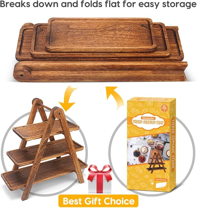 Manspdier Wood 3 Tier Serving Tray Three Tiered Cupcake Stand, Rectangle Serving Platter Wooden Farmhouse Tiered Tray, Party Serving Brown Decorative Tray Decor