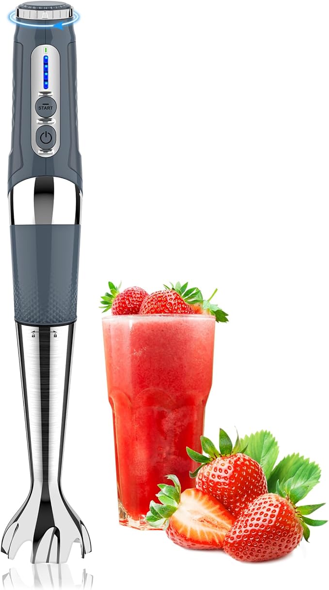 Toogel Cordless Immersion Blender, Electric Hand Blender with 21-Speed & 3-Angle Adjust, USB Rechargeable, BPA-Free & Dishwasher Safe for Baby Food, Smoothies, Soup (Grey)