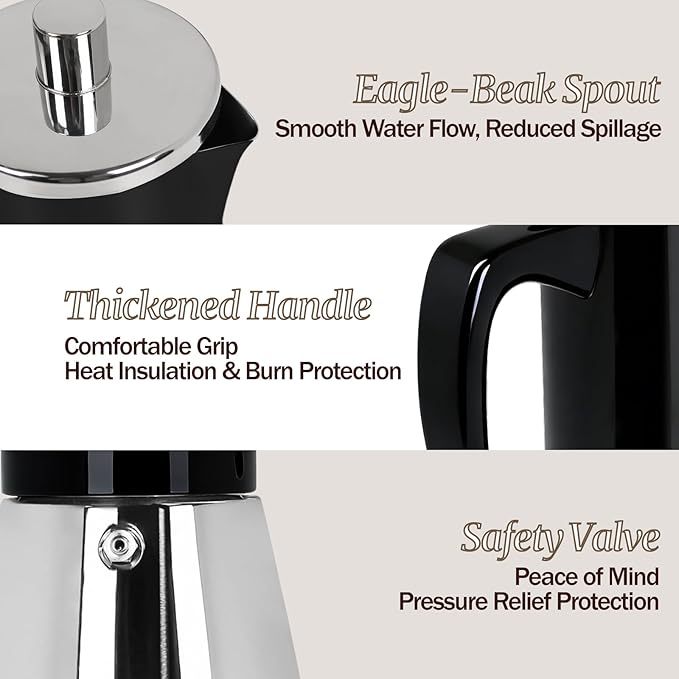 4 Cup Thickened Moka Pot 304 Stainless Steel 200ml Italian Espresso Coffee Maker Stovetop CoffeeMakers Mocha Pot Percolator for Induction Stove Classic Cafe Makers Portable for Easy Brewing