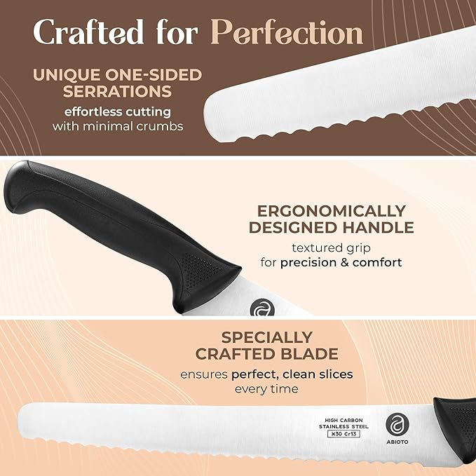 ABIOTO Serrated Bread Knife and Foldable Bread Slicer for Homemade Bread - An Ultimate Bread Slicing Set - No Splinters with HDPE Base and Maple Fingers