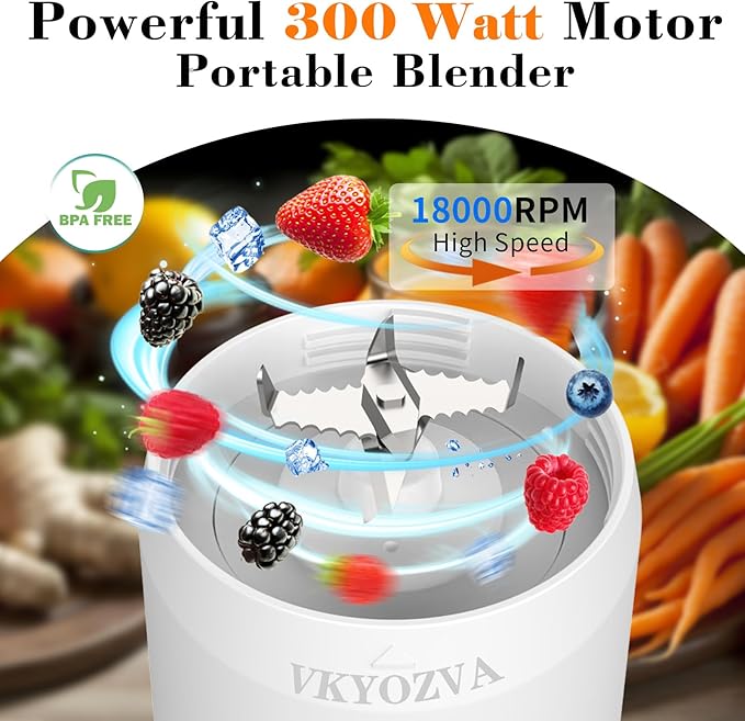 Portable Blender for Smoothies and Protein Shake, Cordless 24 oz Personal Juicer 300 Watt High Speed BPA Free Portable Blending Bottle with a Leakproof Lid (White Green)