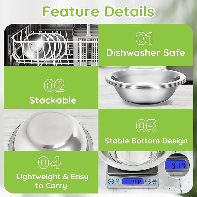 304(18/8) Stainless Steel Mixing Bowls for Kitchen, 6 Pack 7" 21.22 fl.oz Metal Mixing Bowls Set Stackable for Baking Serving Cooking Food Prep Storage Dishwasher Safe Lightweight
