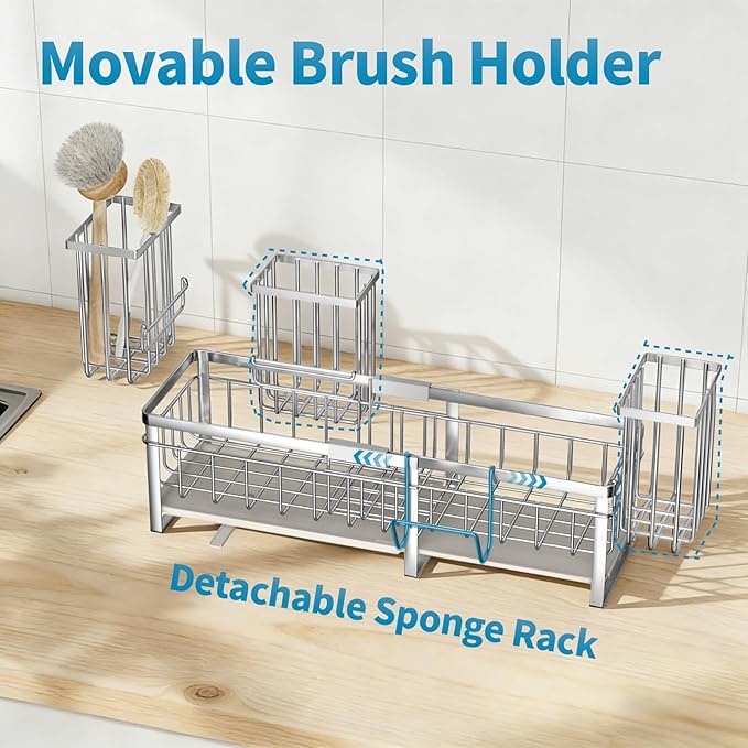 Extra Large Extendable Sponge Holder for Kitchen Sink, Rustproof Sink Caddy Organizer with High Brush Holder, Dish Soap Dispenser Organizers and Storage (Stainless Steel)