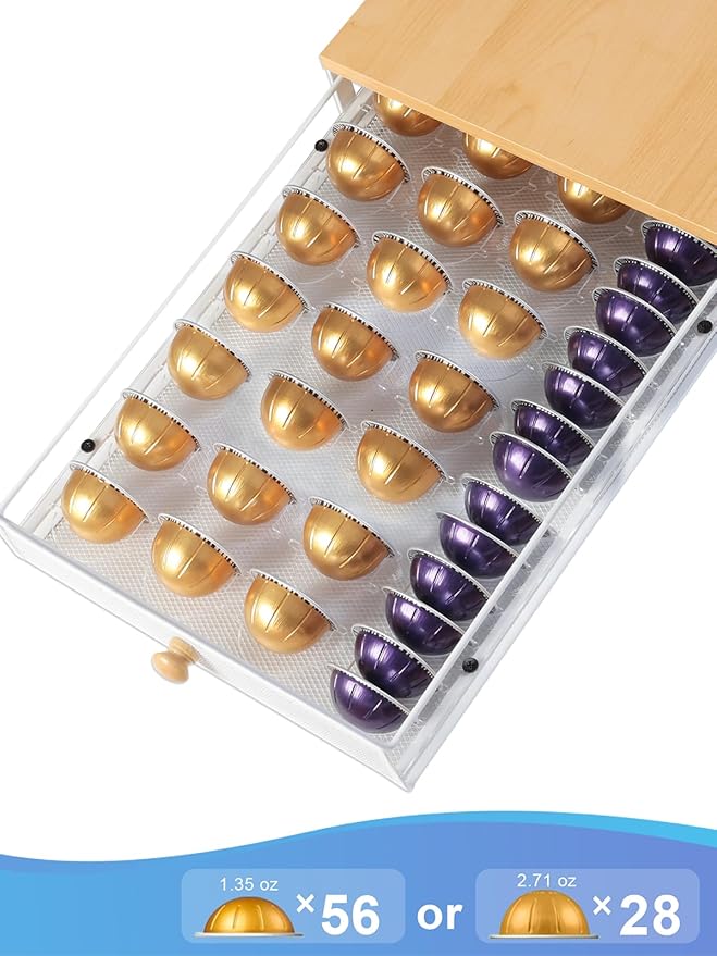 Sedegn Coffee Pod Holder Drawer Organizer Capsules Storage Organizer with Sliding Drawer Compatible For Nespresso Pods, Holds up to 56 Small or 28 Big nespresso pod Oak Color