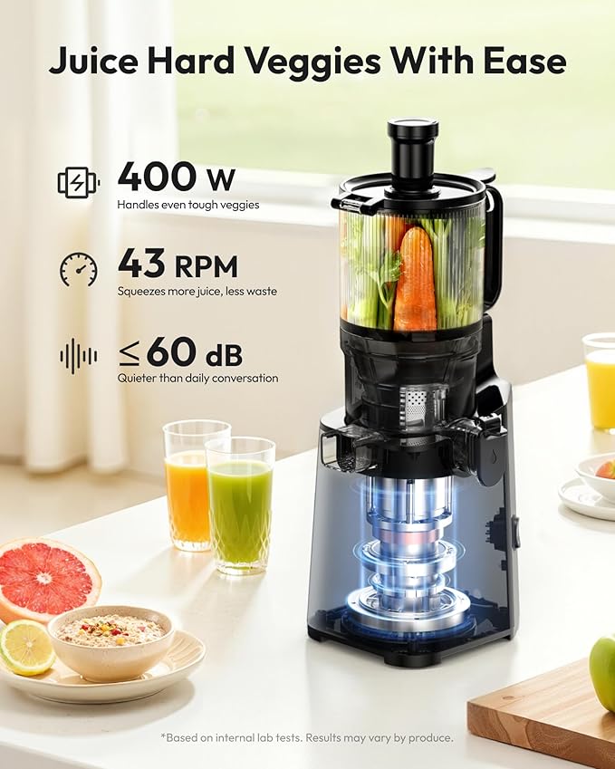 Juicer Machines, EUHOMY 5.8" Wide Feed Chute Cold Press Juicer for Whole Vegetables & Fruits with 400W, High Juice Yield, Easy to clean, Black Stainless Steel