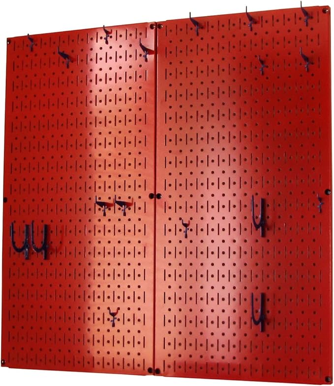 Wall Control Kitchen Pegboard Organizer Pots and Pans Storage Rack Organization Kit with Red Pegboard and Blue Accessories
