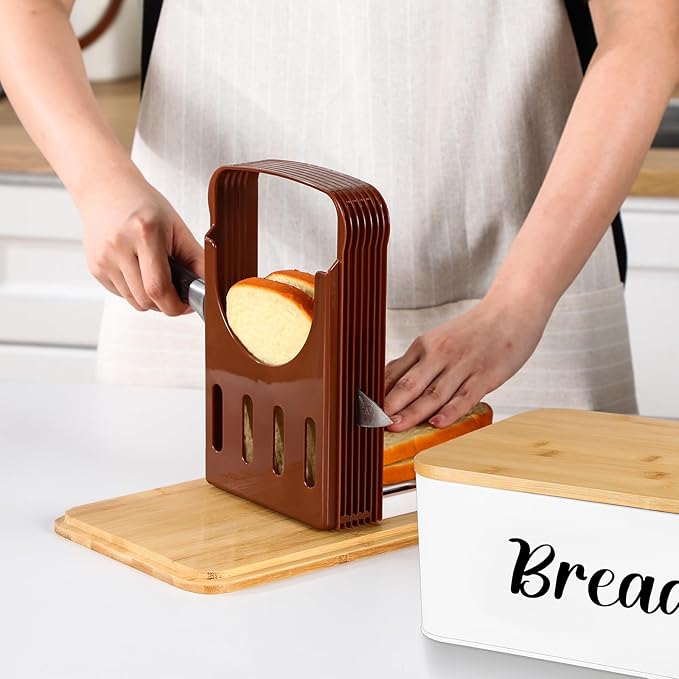 Teenyyou 2 Pcs Extra Large Bread Box with Slicer, Metal Farmhouse Bread Storage Container with Bamboo Cutting Board Lids Multi-size Breadbox Set for Kitchen Countertop (White)