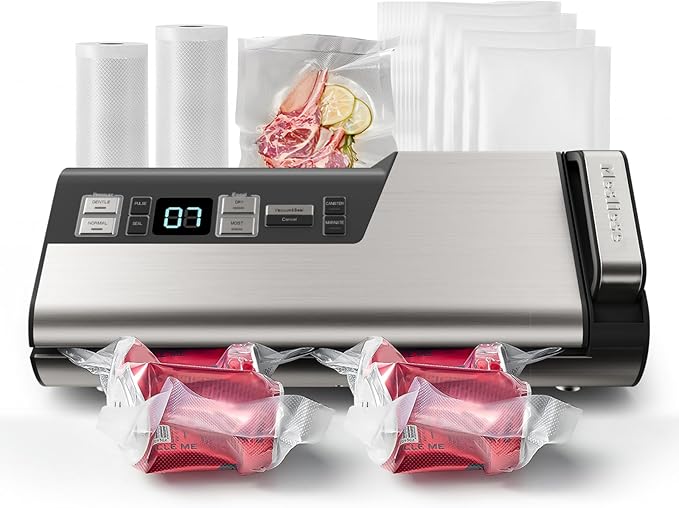 Mesliese Vacuum Sealer Machine, 95kPa 140W One Hand Operation Food Sealer, Double Seal Strip with Build-in Cutter & Countdown Display, 2 Bag Rolls, 5PCS Pre-cut Bags, PULSE & Marinate Enabled