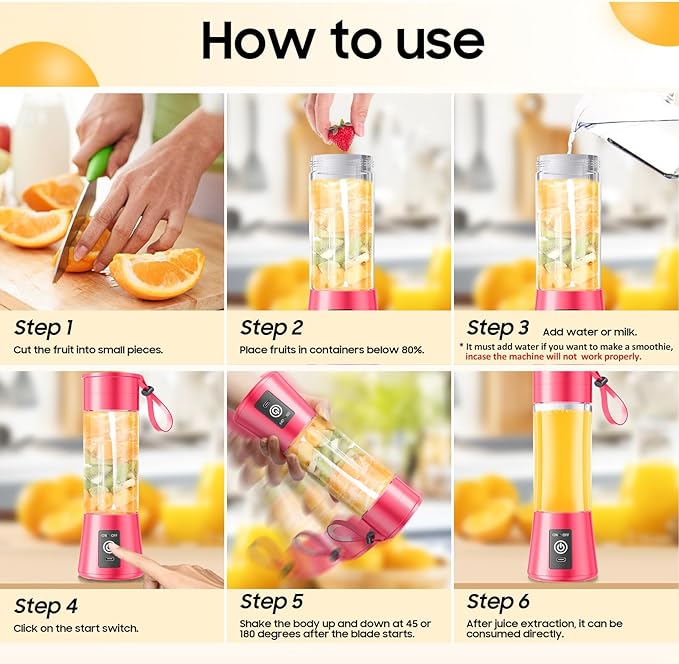 Portable Blender for Smoothies & Shakes - Cordless Personal Size Blender with 6 Blades, 380Ml Juice Cup, Lightweight & Rechargeable, Freshly Squeezed for Picnic/Sports/Office