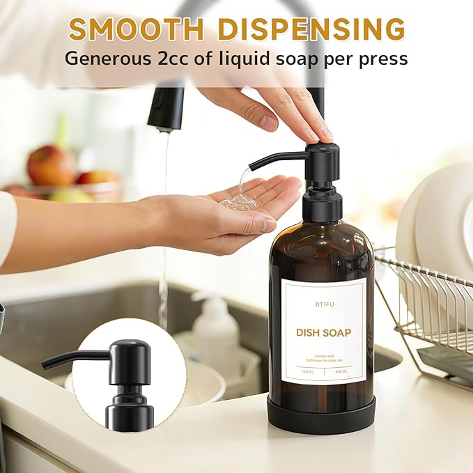 Kitchen Soap Dispenser Set – 16.8oz/500ml Glass Hand and Dish Soap Dispenser with Stainless Steel Pumps & Non-Slip Silicone Base, Luxury Countertop Decor for Home, Airbnb, Hotel (Amber & Black)