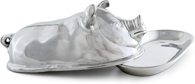 Arthur Court Happy Pig Covered Butter Cream Cheese Dish Container Keeper Hand Polished Tarnish Free Artisan Quality Farmhouse Table 7.5 inch Long