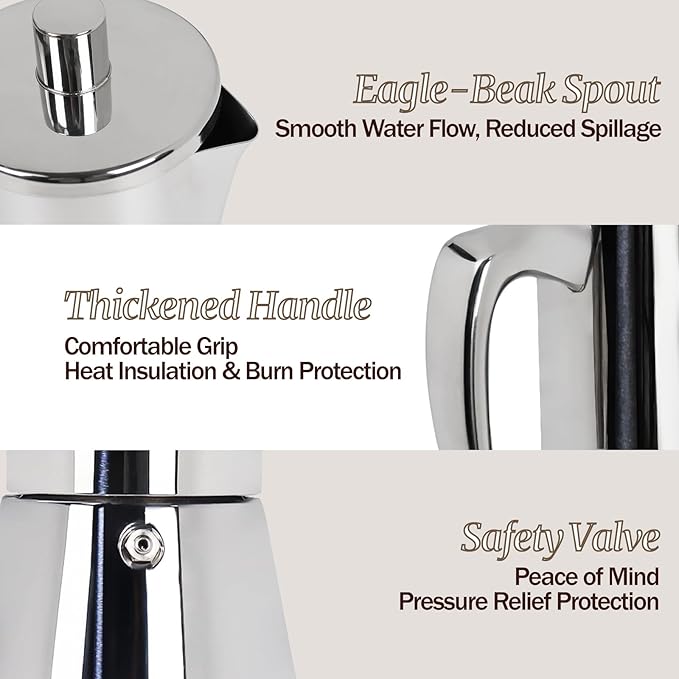 2 Cup Thickened Moka Pot 304 Stainless Steel 100ml Italian Espresso Coffee Maker Stovetop CoffeeMakers Mocha Pot Percolator for Induction Stove Classic Cafe Makers Portable for Easy Brewing