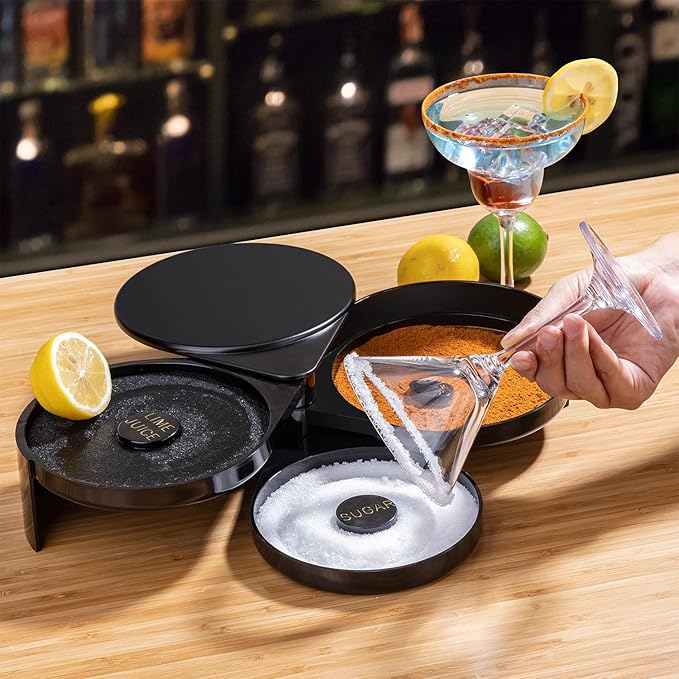 Margarita Salt Rimmer Set, 3-Tier Bar Glass Rimmer with 2 Sponges, Bartender Tool Rimmer Dish with Separate Tier for Lime Juice, Salt and Sugar, Bar Accessories for Cocktails and Bloody Mary