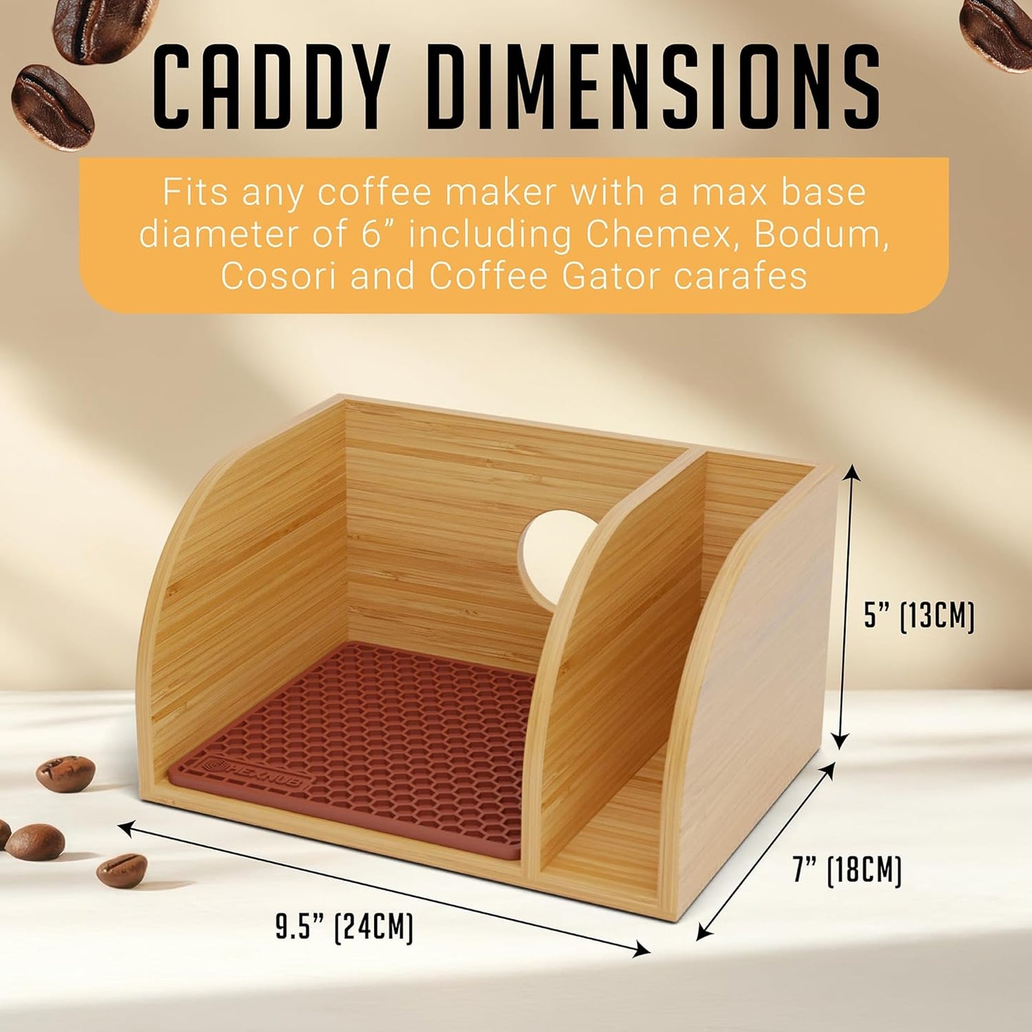 HEXNUB Caddy and Lid for Pour Over Coffee Maker, Bamboo Stand fits Chemex, Bodum, Cosori Carafes, Heatproof Mat, Filter Holder for Drip Coffee Maker - Brown Mat