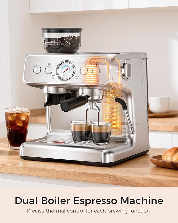 Kndko Dual Boiler Espresso Machine-Simultaneous Coffee & Steam, 20 Bar Espresso Coffee Machines with Grinder, Professional Expresso Coffee Maker for Home, Coffee Shop, Small Café