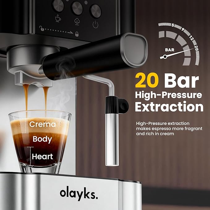 olayks Professional 20-Bar Espresso Coffee Maker, Semi-Automatic with Steam Wand Milk Frother, All-in-One Machine with 1.8L Removable Tank for Latte Cappuccino, Easy Clean