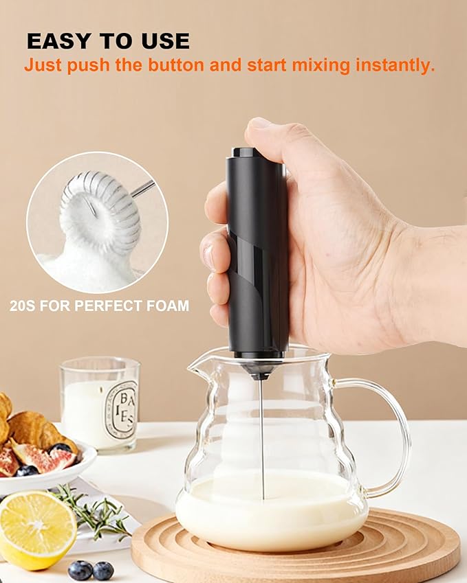 Handheld Milk Frother with Cover, Battery Powered Electric Drink Mixer (2AA Not Included) - Portable Hand Frother Wand for Coffee Matcha Cappuccino & Hot Chocolate