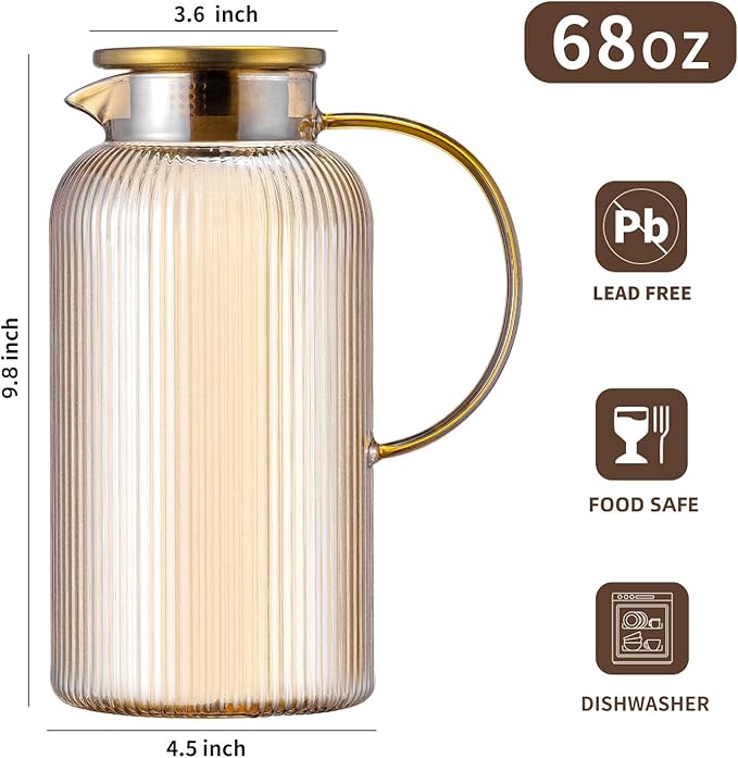 Buaic Glass Pitcher with Lid, 68 oz/ 2 Liter Amber Classic Vertical Stripes Water Pitcher,Glass Water Carafe for Cold Brew, Coffee, Lemonade, Iced Tea,Beverage, Heat Resistant Water Glass Jug