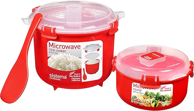 Sistema Heat & Eat Microwaveable Rice Cooker & Food Container Set with Steam Release Vents, Microwave Rice Cooker & Round Food Storage Container, Dishwasher & Freezer-Safe, BPA-Free