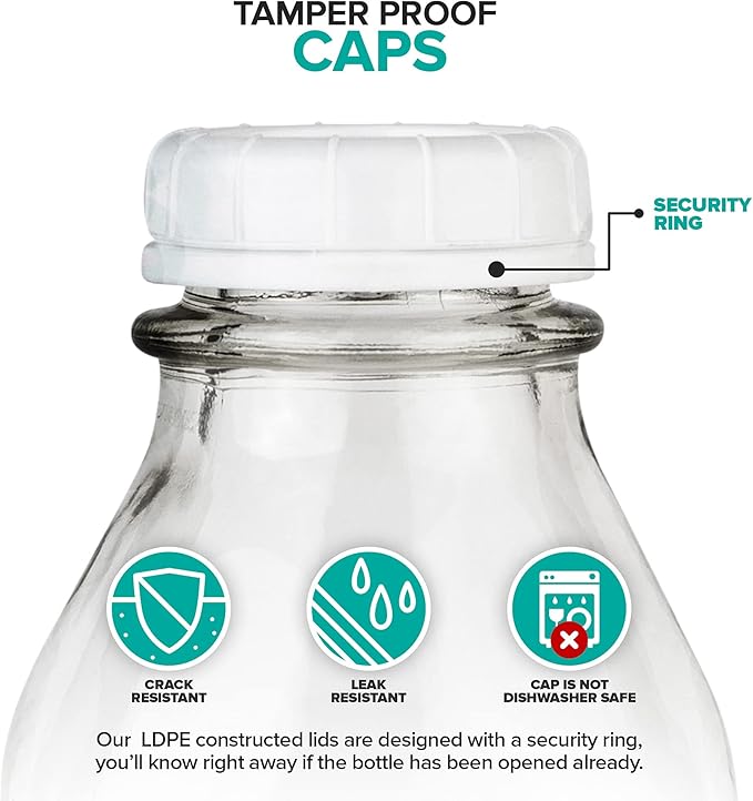 Stock Your Home Liter Glass Milk Bottle with Lid (4 Pack) 32 Oz Jugs and 8 White Caps, Reusable Food Grade Container for Refrigerator, Juice, Oat or Plant Milks, Water, Honey