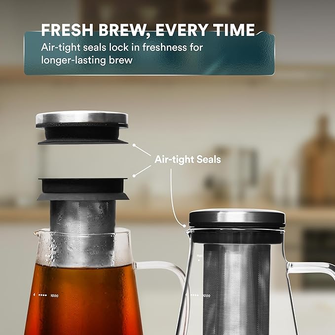 OVALWARE Airtight Cold Brew Iced Coffee Maker Pitcher and Tea Infuser with Spout - 1.0L / 34oz Ovalware RJ3 Brewing Glass Carafe with Removable Stainless Steel Filter