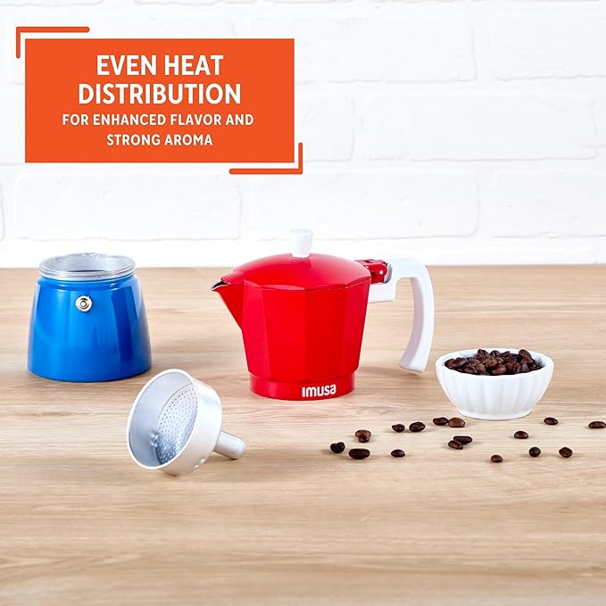 IMUSA Stovetop Espresso Maker 6 Cup – Cast Aluminum Moka Pot Caribbean Colors Edition Red Blue White – Cafetera Italiana Espresso Cuban Coffee Maker