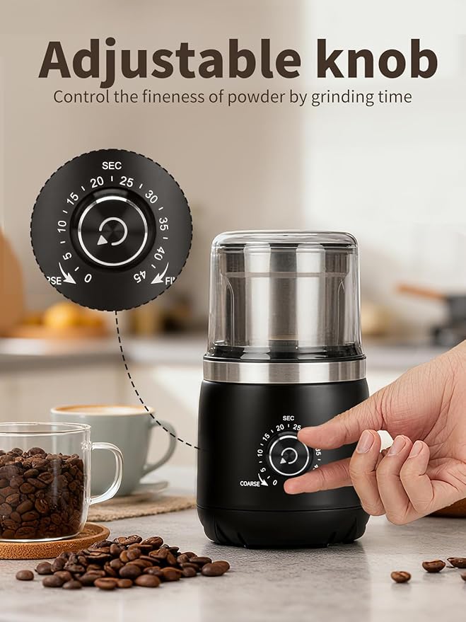 LAOION Electric Coffee Grinder with Silent Grinding Blades & Timer Knob to Adjustable Coarse to Fine, Espresso Grinder with Removable Stainless Steel Bowl for Coffee Bean, Herb, Spices, Seeds (Black)