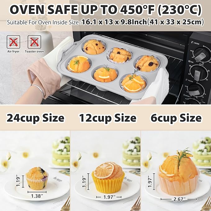 Jumbo Silicone Muffin Pan with Metal Frame, Non Stick Silicone Cupcake Pan with Handles 6 Cup, BPA Free Silicon Muffin Tin Tray Extra Large for baking, egg bites, Cupcake Mold Light Grey