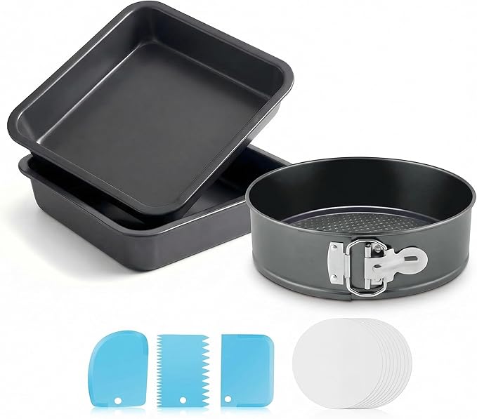 3-Pack 54 PCS Complete Baking Set, 162 PCS Total, Includes 9 Inch Removable Bottom Springform Pan & 8 Inch Non-Stick Square Cake Pan, Leakproof Nonstick Bakeware with Scrapers and Parchment Liners