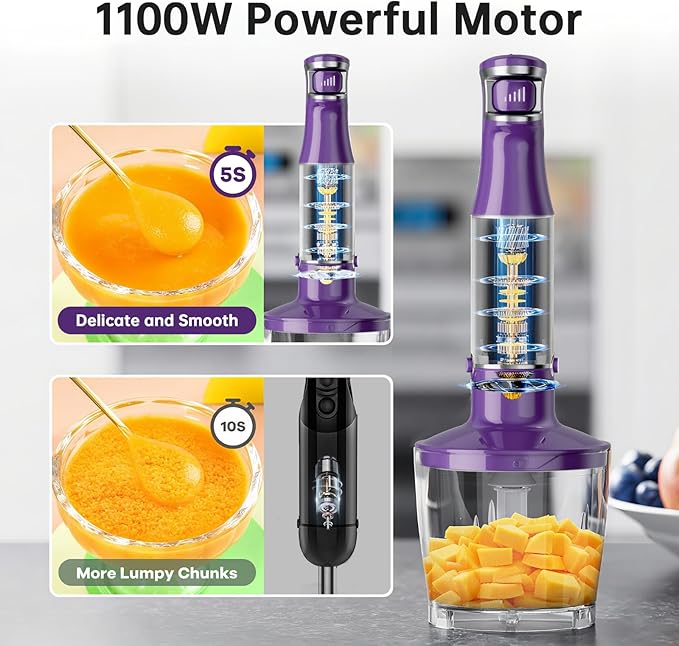 Turelar Immersion Blender Handheld Corded Hand Blenders Set 1100W, Trigger Variable Speed 5 in 1 Stick Emulsifier with Chopper, Whisk and Frother for Soup, Baby Food and Smoothies, Purple