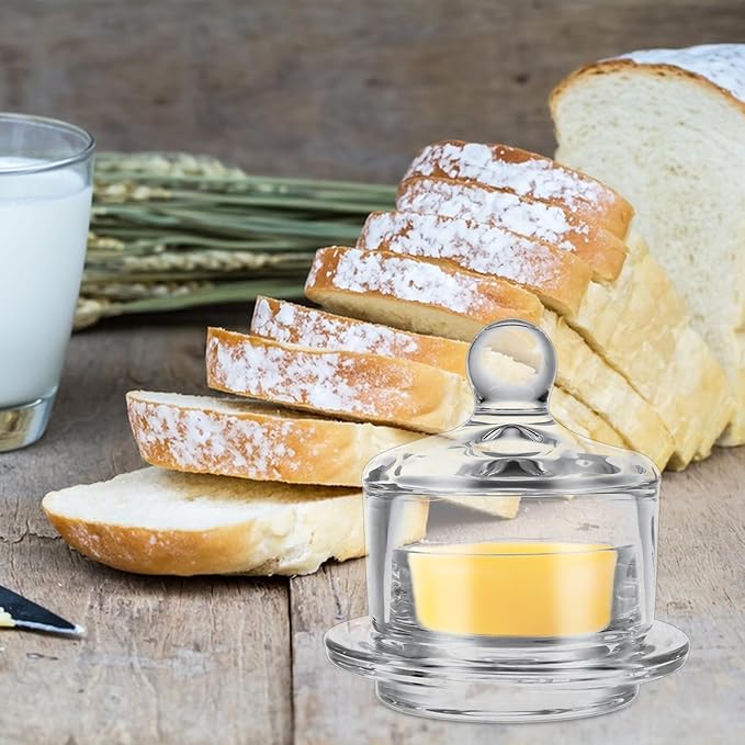 4 PCS Clear Glass Butter Dish with Lid Mini Butter Cloche Clear Small Butter Dish with Cover Glass Butter Keeper with Lid and Handle Crystal Butter Serving Container for Candy, Dessert, Jam