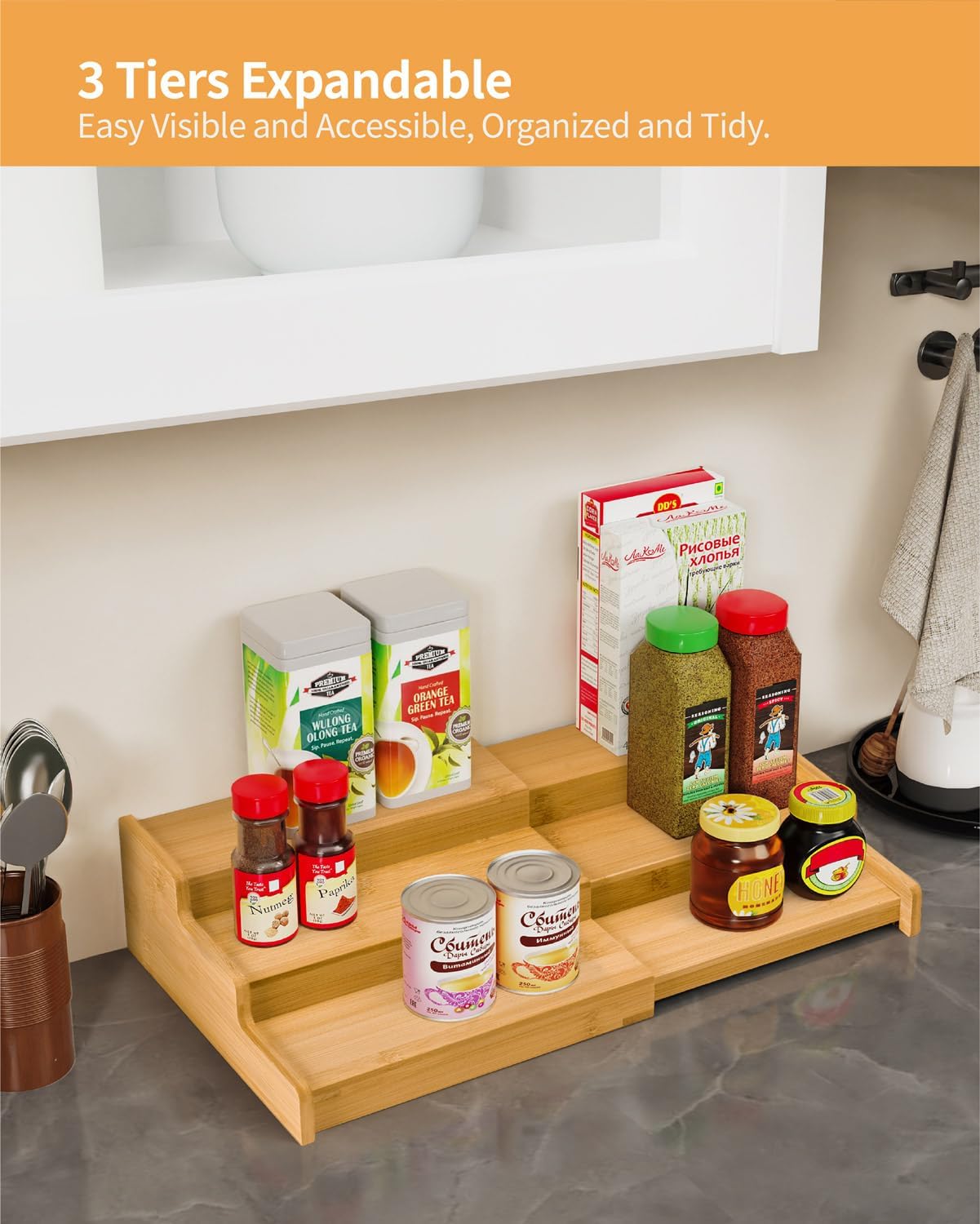Spice Rack Organizer, 3 Tier Expandable Bamboo Spice Rack Organizer, Great for Kitchen Cabinet, Cupboard, Pantry and More-Bamboo(2pack)