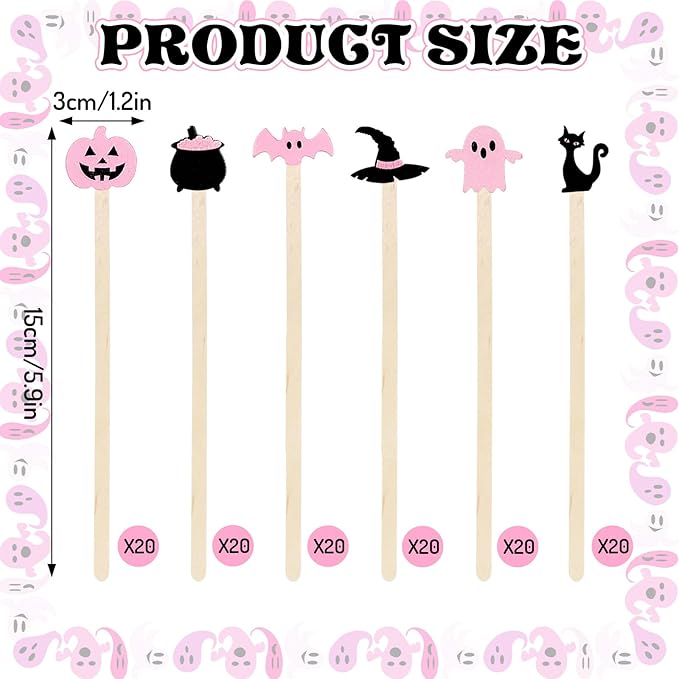 JarThenaAMCS 120Pcs Halloween Coffee Stirrers Disposable Pink Black Ghost Bat Cat Pumpkin Stir Sticks Wooden Drink Stirrer for Hot Chocolate Milkshake Restaurant Home Office