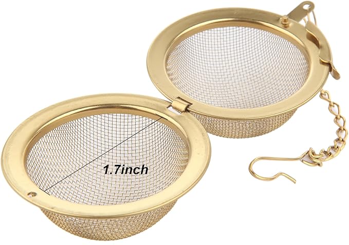 Luckyiren Tea Ball Infuser with Chain;; Premium Stainless Steel Fine Mesh Screen Tea Strainer Filters Colander Cullender Sieve Infusion Steeper Maker for Loose Leaf Tea Herbs, 2 Pieces, Golden