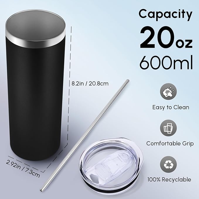 Volhoply 12 Pack Skinny Tumblers with Lid and Straw, 20oz Stainless Steel Straight Tumbler Bulk, Vacuum Insulated Coffee Mug for Home, Office, Travel, DIY (Mix,12 Pack)